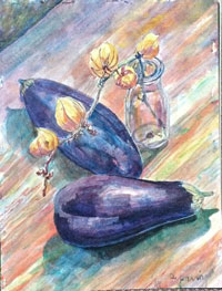Egg Plants and Glass Bottle